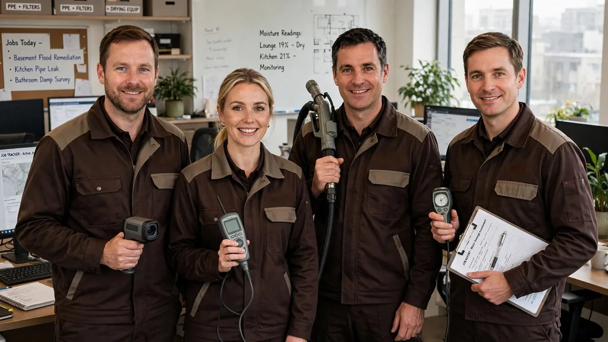 Four people in brown work uniforms in an office holding a moisture meter, a hose attachment, a handheld device, and a clipboard