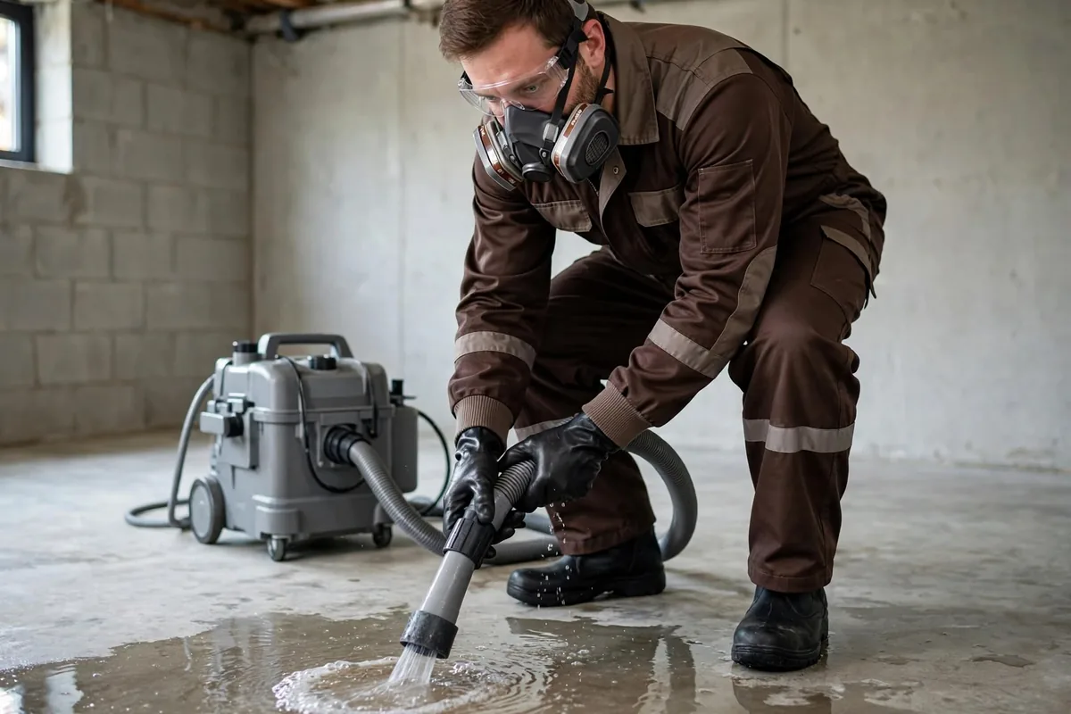 Technician in a respirator and goggles using a wet vacuum to remove standing water from a concrete basement floor