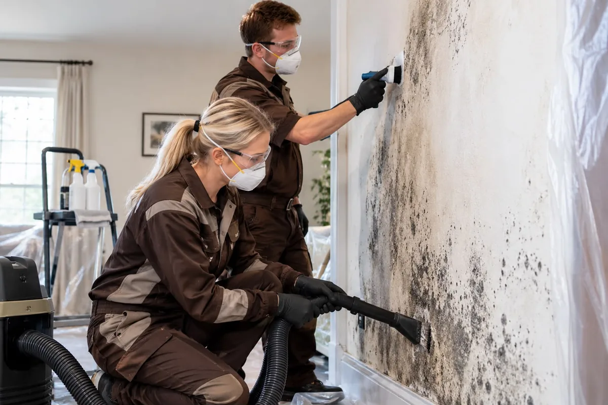 Cleaning mold from a wall Two technicians in masks and goggles cleaning mold from a wall, one with a brush and one with a vacuum, with plastic sheeting in the room