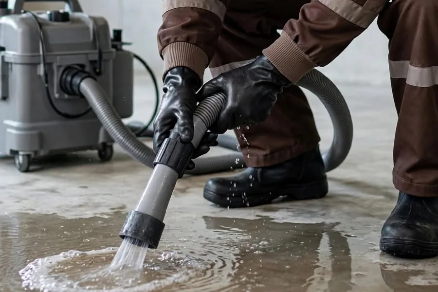 Wet vacuum wand removing standing water Gloved hands holding a wet vacuum wand over standing water on a concrete floor